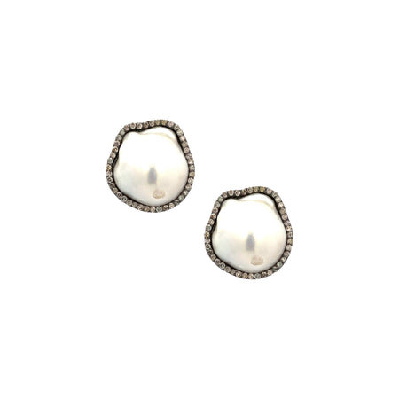 Round Baroque Pearl & Pave Diamond Pierced Stud Earrings  Oxidized Gold Plated Over Silver 0.80" Diameter