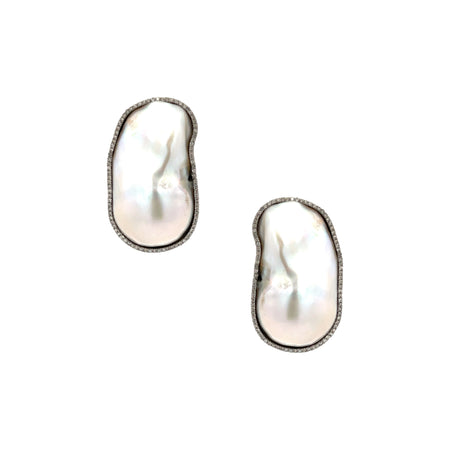 Baroque Pearl & Pave Diamond Pierced Stud Earrings  Oxidized Gold Plated Over Silver 1.10" Long X 0.67" Wide