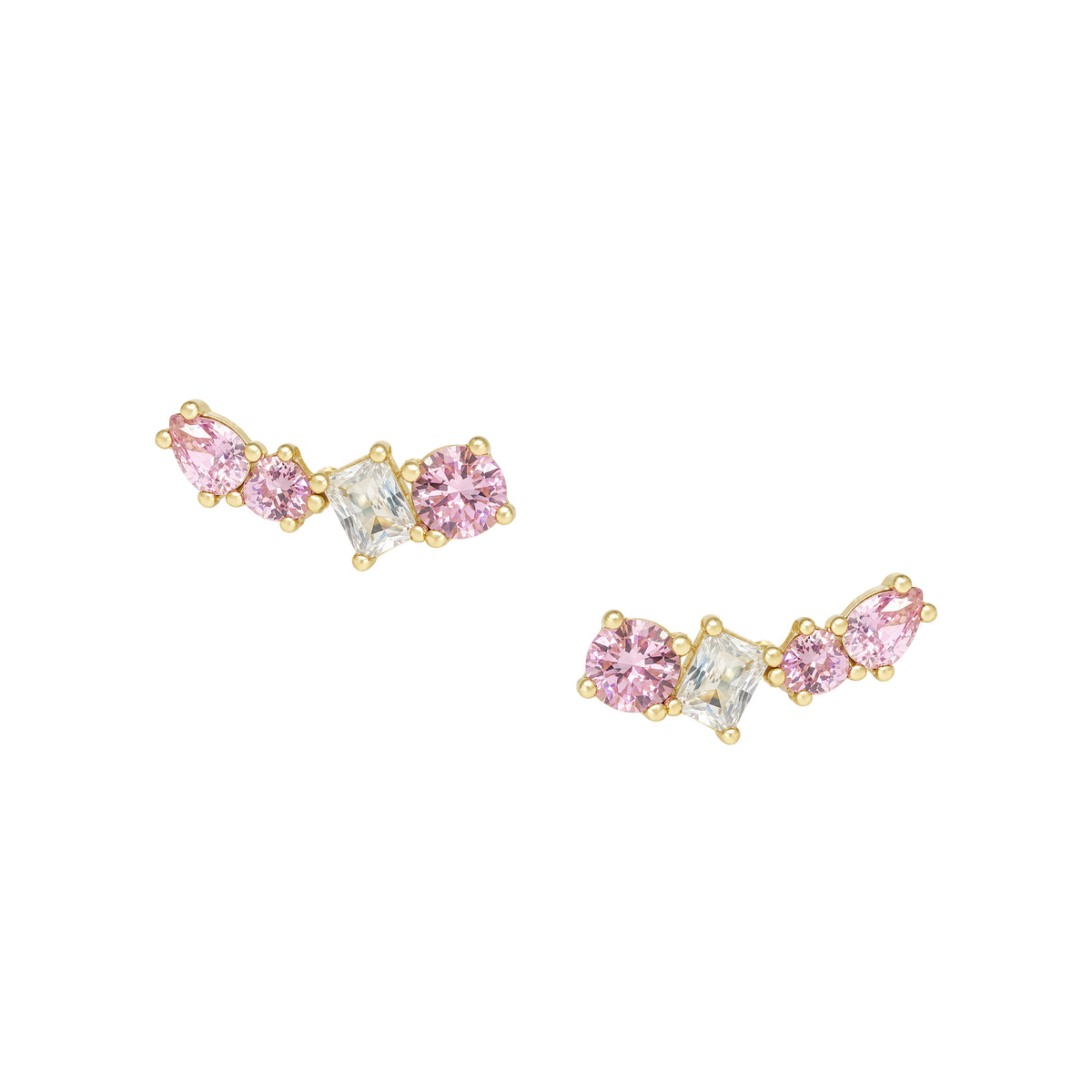 Multishape Clear &amp; Pink Crystal Climber Pierced Earrings

White Gold Plated
Cubic Zirconia
0.75" Long X 0.32" Wide