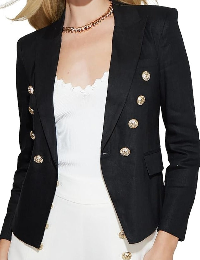 Black Linen Gold Button Blazer