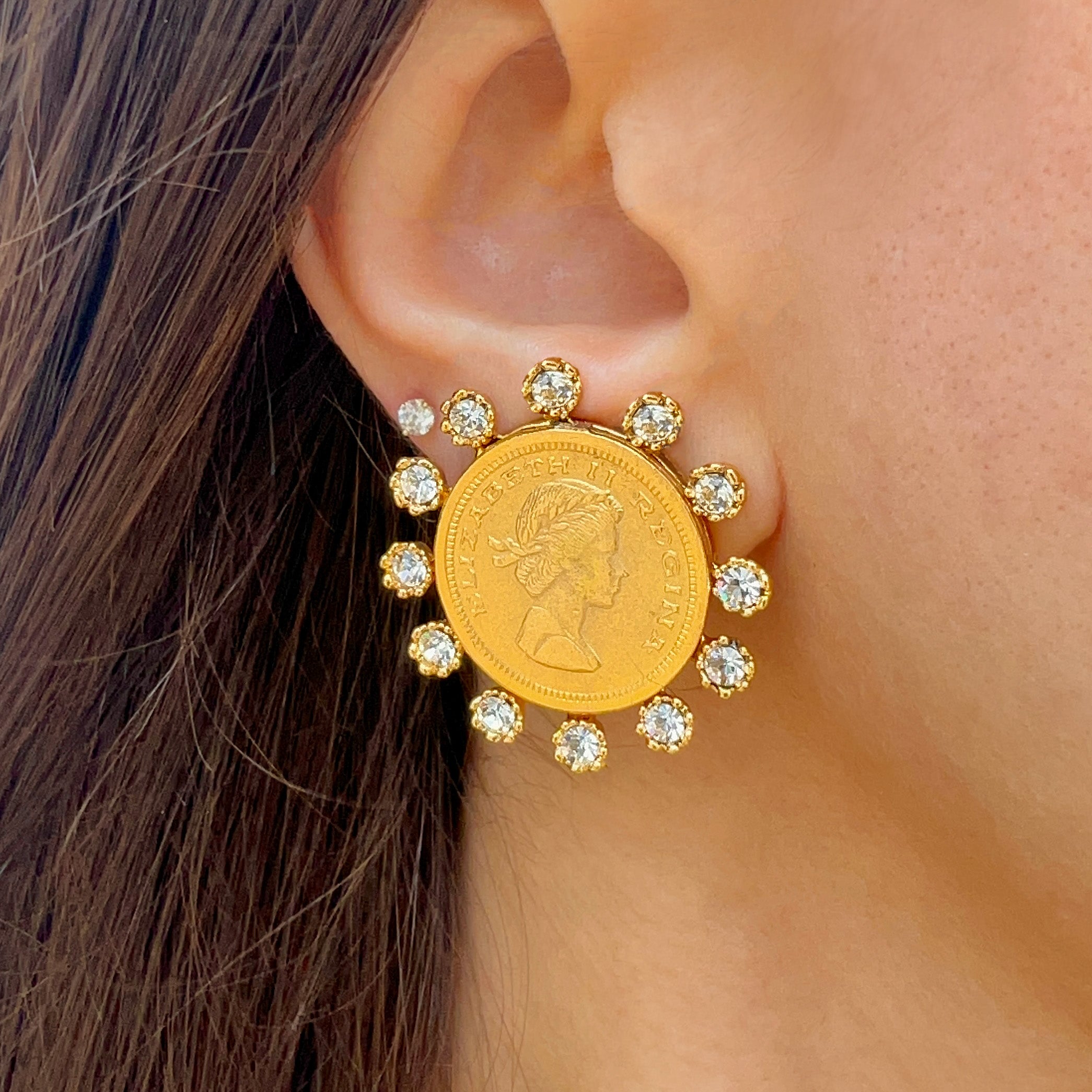 CZ Coin Clip On Earrings  Yellow Gold Plated 1.22" Wide