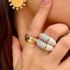 CZ & White Enamel Ring  Yellow Gold Plated Over Silver 0.41" Wide