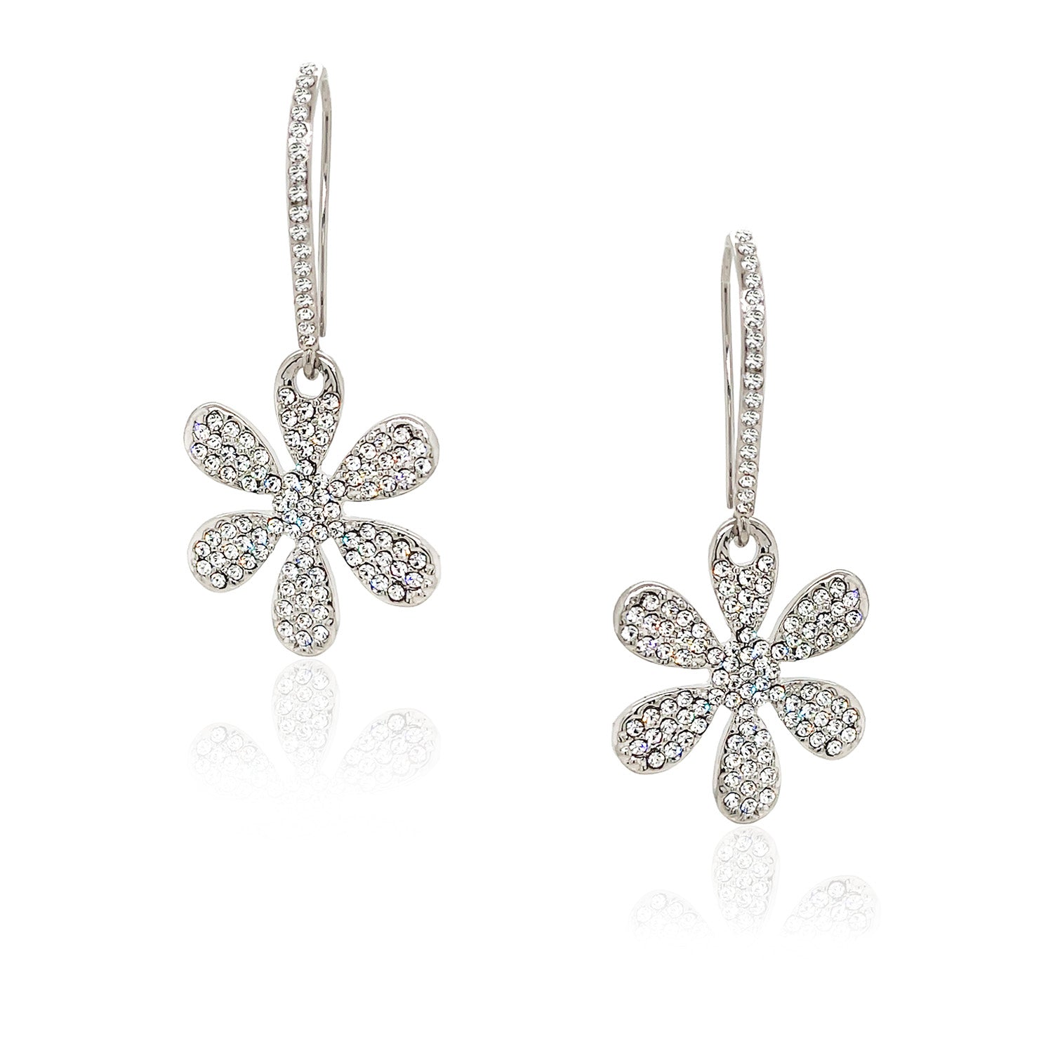 Pave CZ ﻿Mini Daisy Pierced Earrings  White Gold Plated 1.5" Length X 0.7" Width