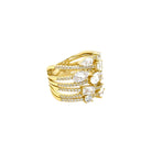 <p>Multi CZ Triple Crossover Band Ring</p> <ul> <li>Yellow Gold Plated</li> <li>0.68" Wide</li> </ul>