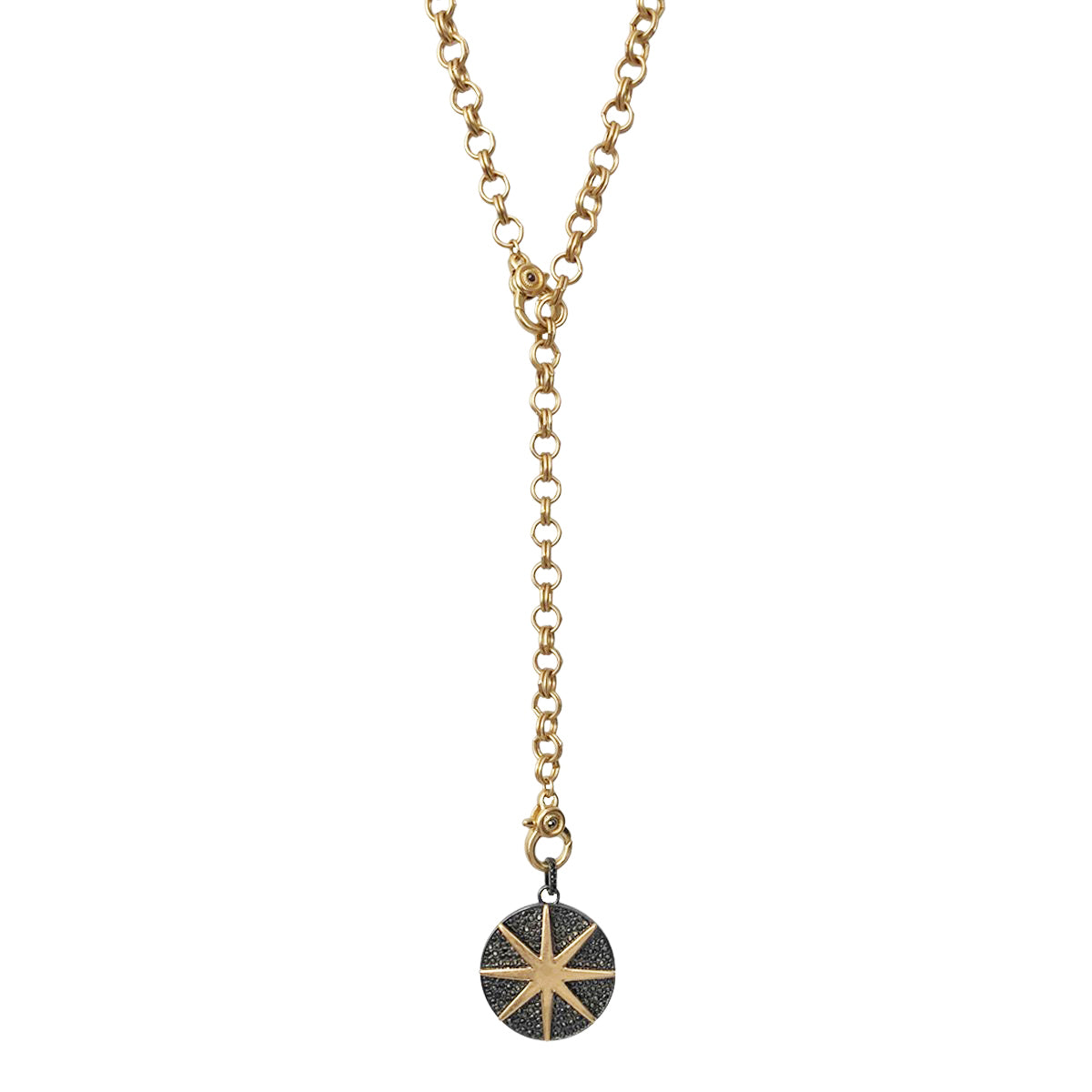Starburst CZ Disc Two Tone Charm Necklace

Matte Yellow &amp; Oxidized Gold Plated
Chain: 36" Long
Pendant: 1.5" Diameter