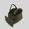 Olive Woven Tote With Rolled Handles  10" High X 8.5" Wide Width: Bottom 13" - Top 19" Strap: 5" Drop Removable Pouch: 10" Long X 6.5" Wide