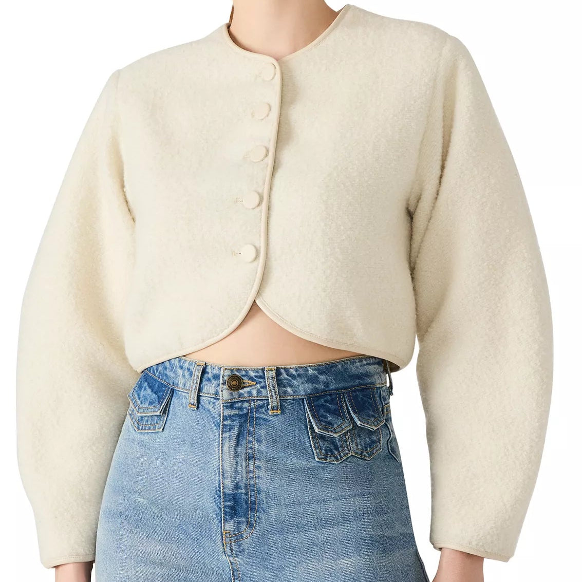 Cream Collarless Button Down Bubble Jacket

Approx. 19.5" Long
Shell: 70% Polyester, 30% Wool
Lining: 100% Polyester