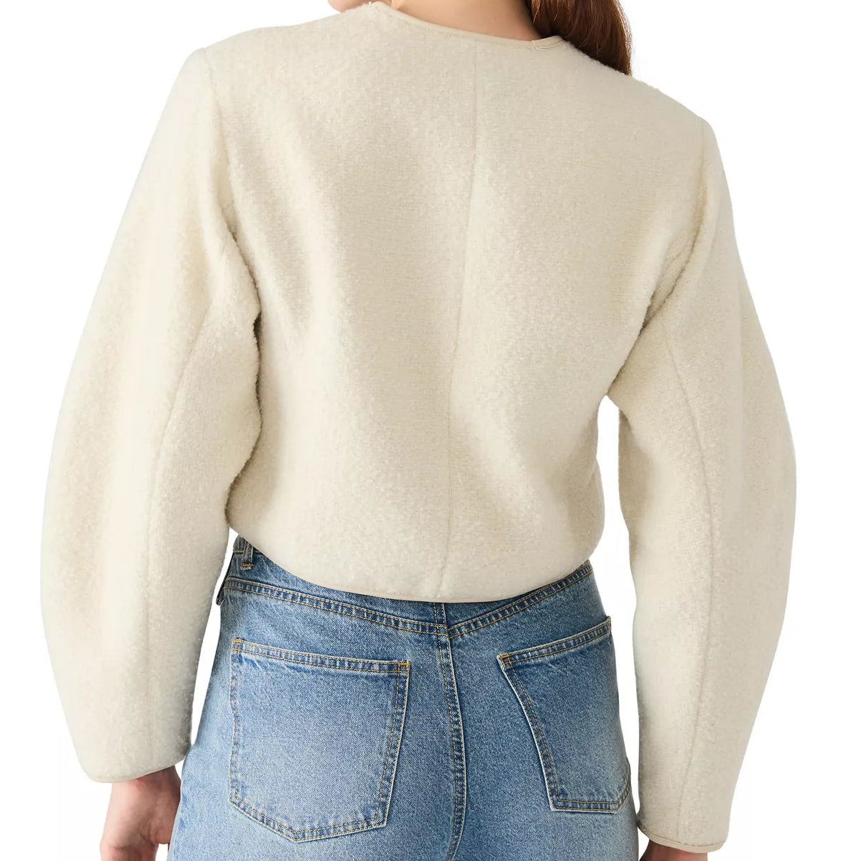 Cream Collarless Button Down Bubble Jacket

Approx. 19.5" Long
Shell: 70% Polyester, 30% Wool
Lining: 100% Polyester