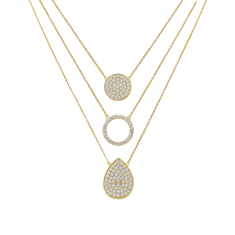 Pave CZ Triple Layer Necklace  • 14K Yellow Gold Plated  • 14-20" Long  • Pendants: Round Disc, Open Circle, Teardrop