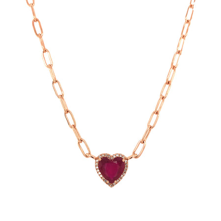 Ruby & Diamond Heart on a Paperclip Chain Necklace  14K Rose Gold 1.93 Ruby Carat Weight 0.09 Diamond Carat Weight 16-18" Adjustable Chain Heart: 0.40" Diameter