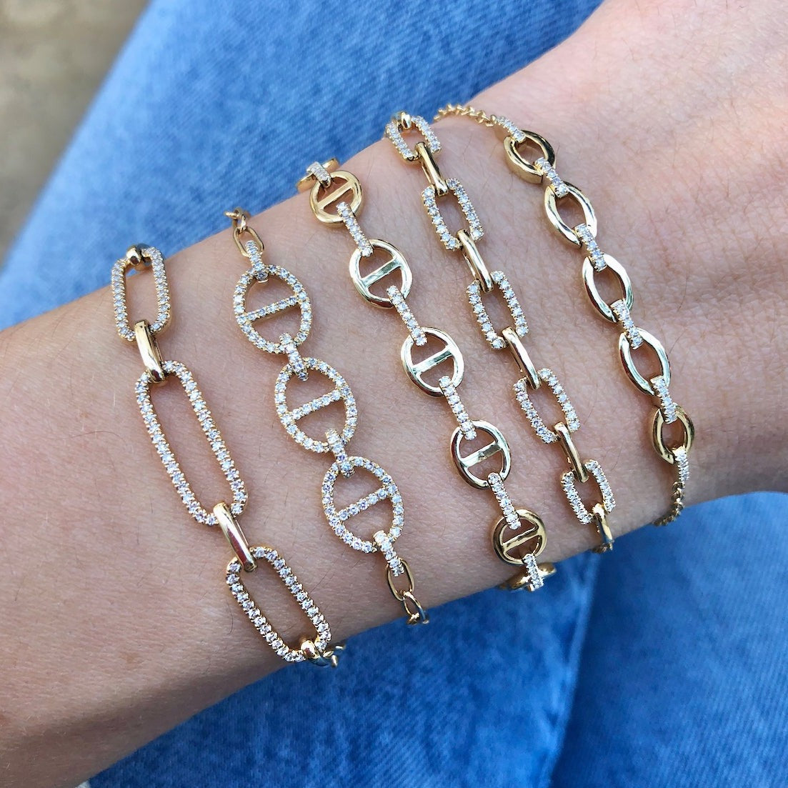 14K Gold Pave Diamond Rectangle Link Chain Bracelet  14K Yellow Gold 0.19 Diamond Carat Weight Diamond Link Design: 2.20" Long 0.17" Thick 6-7" Adjustable Chain