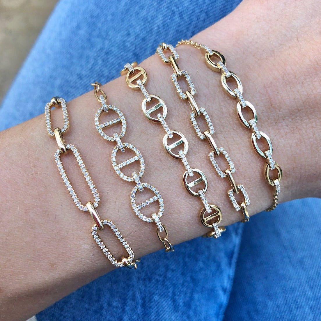 14K Gold Pave Diamond Link Bracelet on Paperclip Chain  14K Yellow Gold 0.23 Diamond Carat Weight 0.23" Thick 7" Chain Length