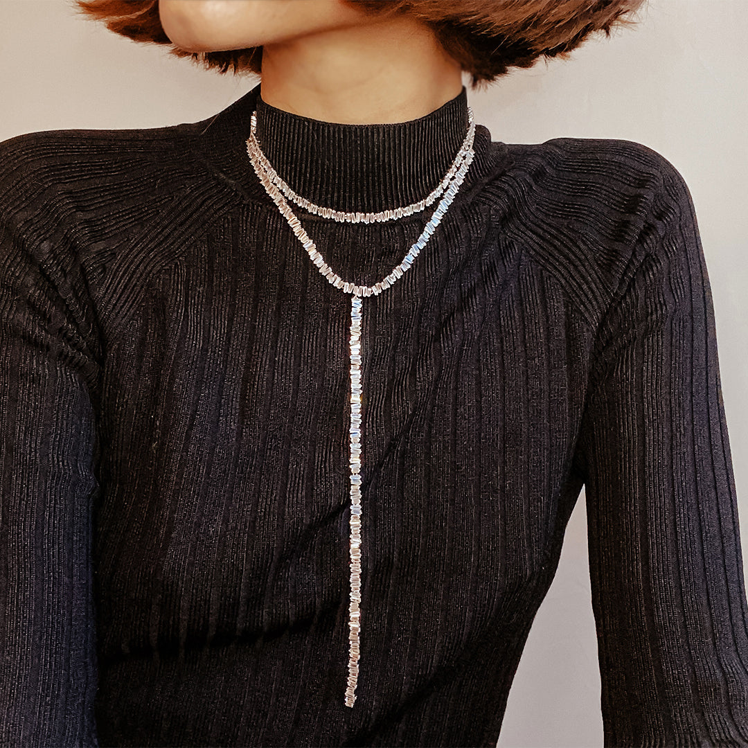 Faux Diamond Baguette Adjustable Choker Necklace  White Gold Plated 8.5-23" Long Stones: 0.22" Width