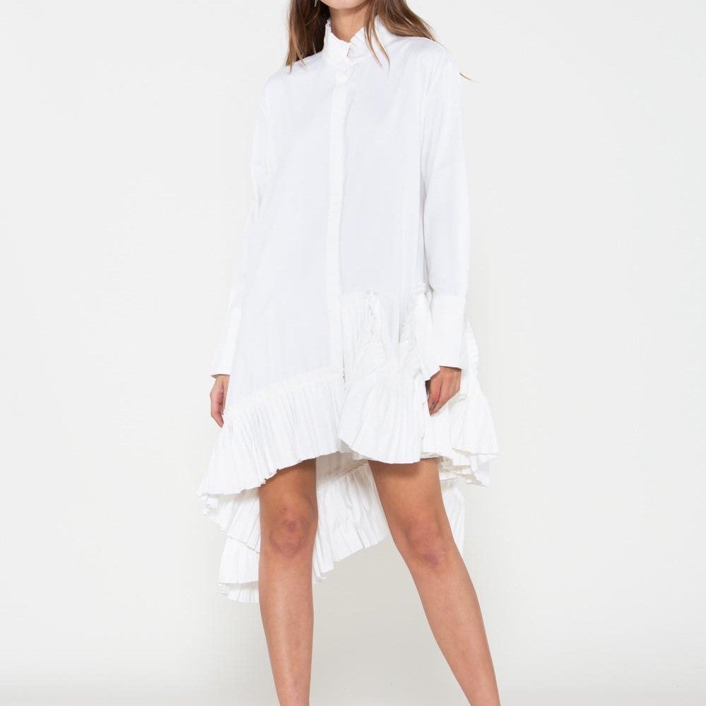 Asymmetric White Shirt Dress with contrast 3d mesh pockets – Ankur j