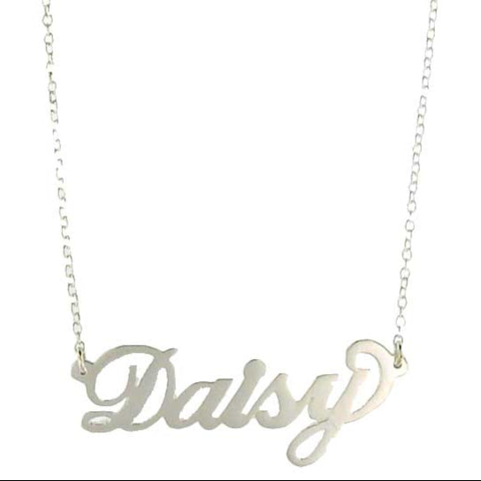 Daisy Script Custom Nameplate Necklace  White Gold Plated Over Silver 16" Long Size varies depending on length of name Customized items are not returnable