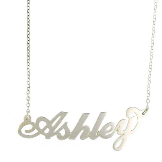 Name Ashley Script Custom Nameplate Necklace  White Gold Plated Over Silver 16" Long Size varies depending on length of name Customized items are not returnable