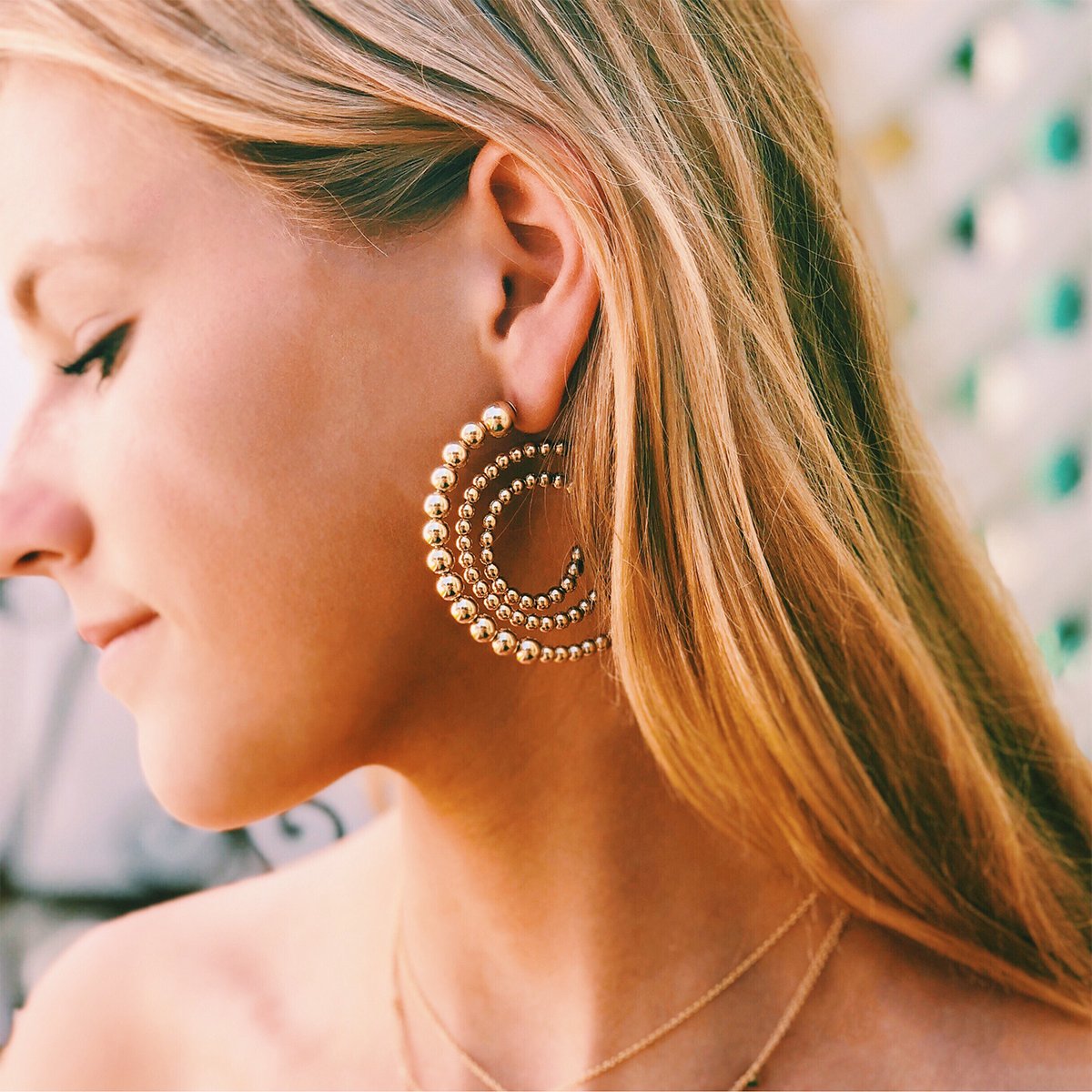 Coil Beaded Hoop Earrings  Yellow Gold Plated 2" Diameter