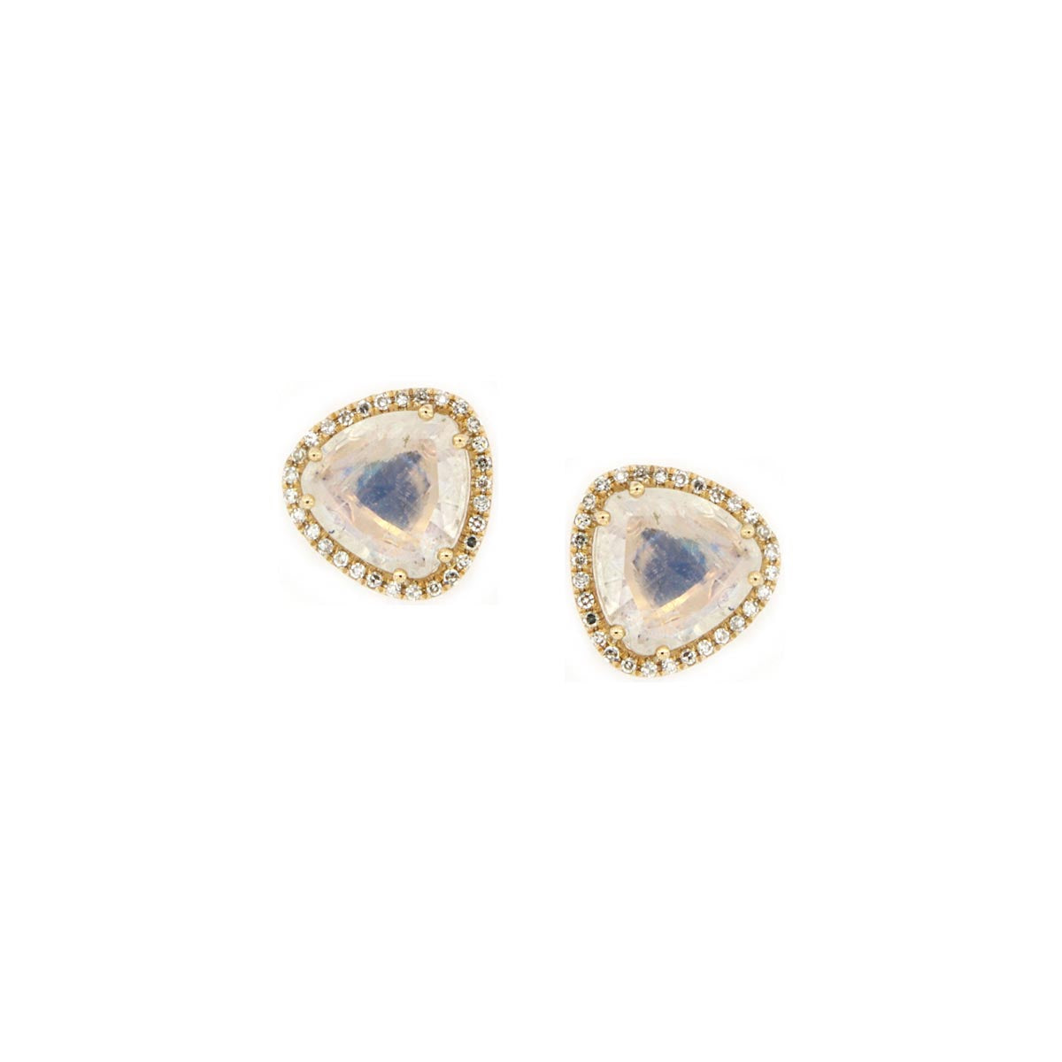 Diamond & Moonstone Triangle Stud Pierced Earrings  14K Yellow Gold 2.55 Moonstone Carat Weight 0.14 Diamond Carat Weight