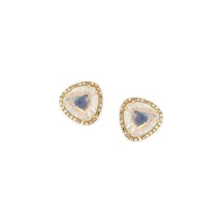 Diamond & Moonstone Triangle Stud Pierced Earrings  14K Yellow Gold 2.55 Moonstone Carat Weight 0.14 Diamond Carat Weight