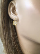 Large Round Center & Pave Faux Diamond Drop Pierced Earrings   • Yellow Gold Plated Over Silver