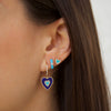Lapis, turquoise, diamond heart earrings worn with enamel turquoise huggies and turquoise diamond heart stud.