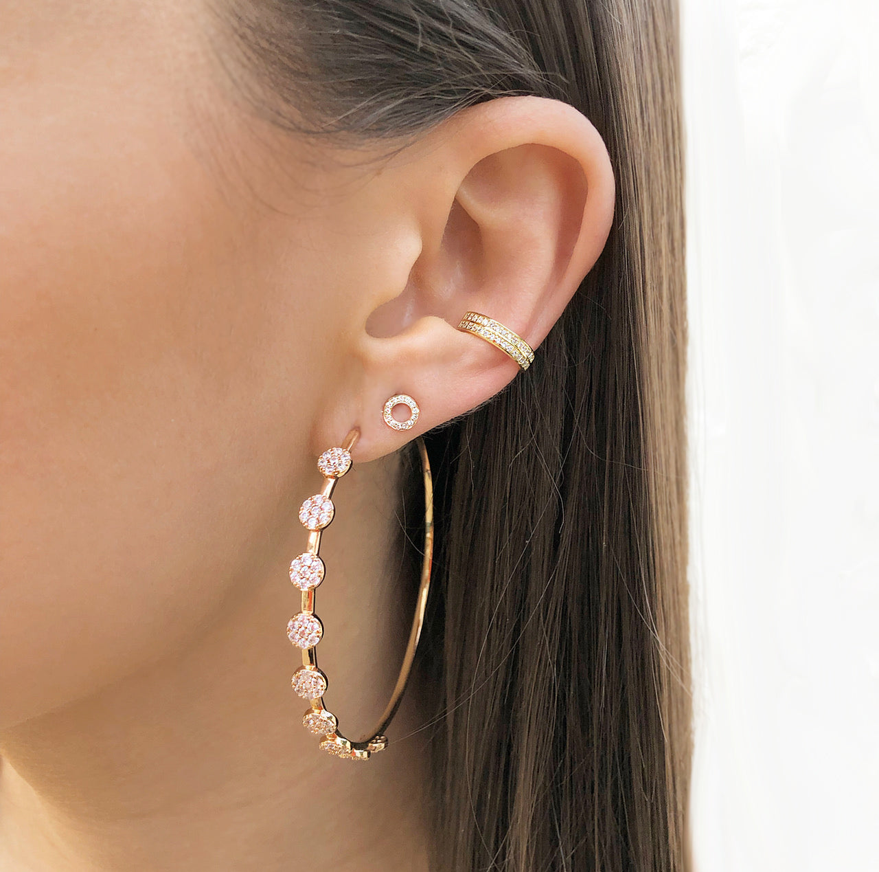 Circle Hoop Earrings  Yellow Gold Plated Cubic Zirconia 2.5" Diameter Pierced   As worn by Drew Barrymore.