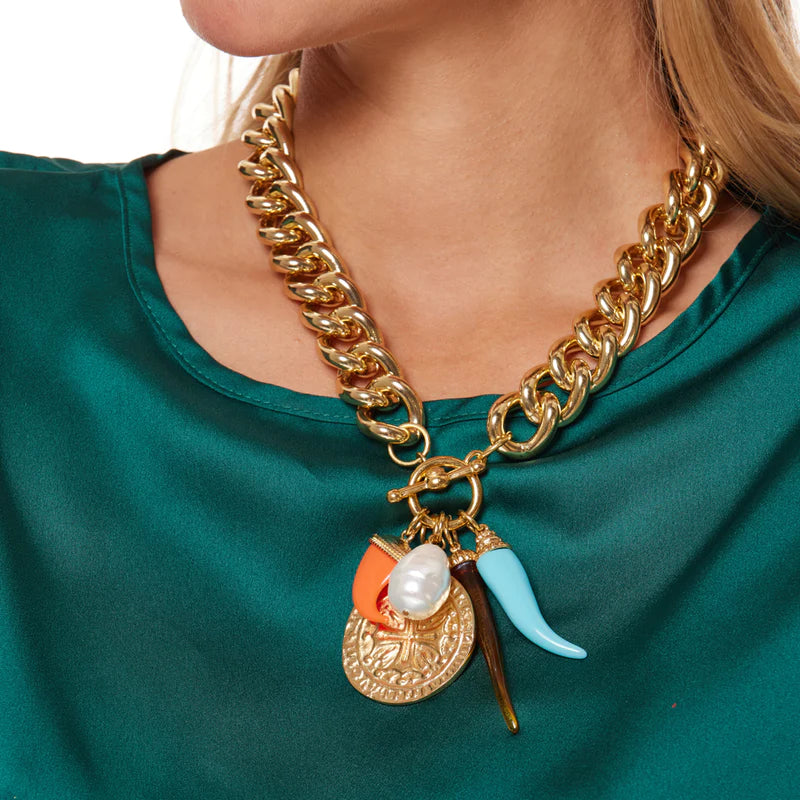 Blue, Red, Brown Horn, Coin Disc, and Pearl Charm Chunk Chain Necklace  Yellow Gold Plated 2.60" Longest Horn Coin Disc: 1.70" Diameter 19" Long