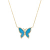 Diamond & Turquoise Butterfly Chain Necklace  14K Yellow Gold 0.89 Turquoise Carat Weight 0.15 Diamond Carat Weight Chain: 16-18" Long Butterfly: 0.53" Long X 0.63" Wide