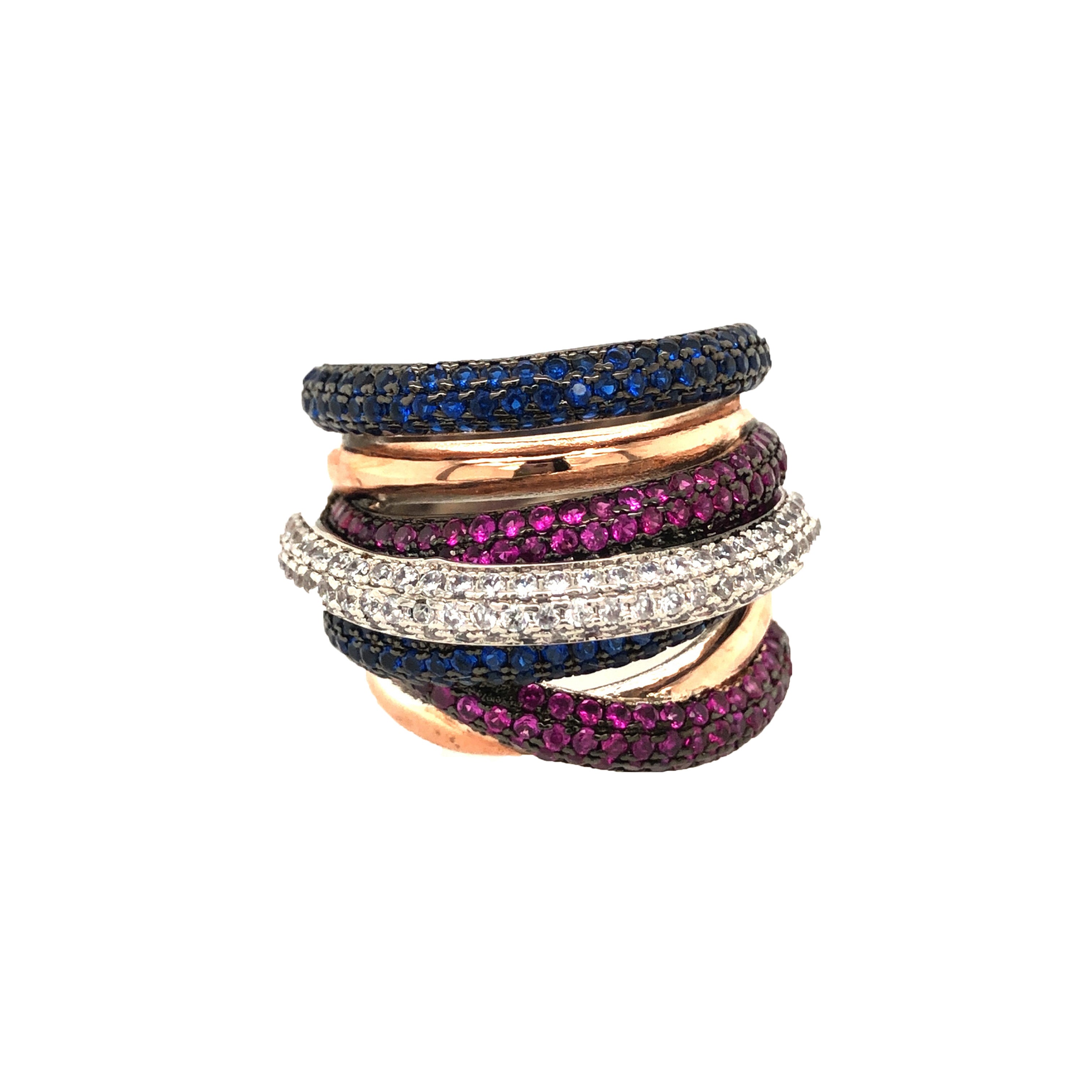 Sapphire CZ & Ruby CZ Multi Band Ring  Get the look of layers with one ring!  The deep blue and vibrant fuchsia CZ bands wrapped around the more classic White CZ and Yellow Gold and Rose Gold Bands blend trendy with a classic.   Yellow & Rose Gold Plated Pave Set Cubic Zirconia 0.08" high