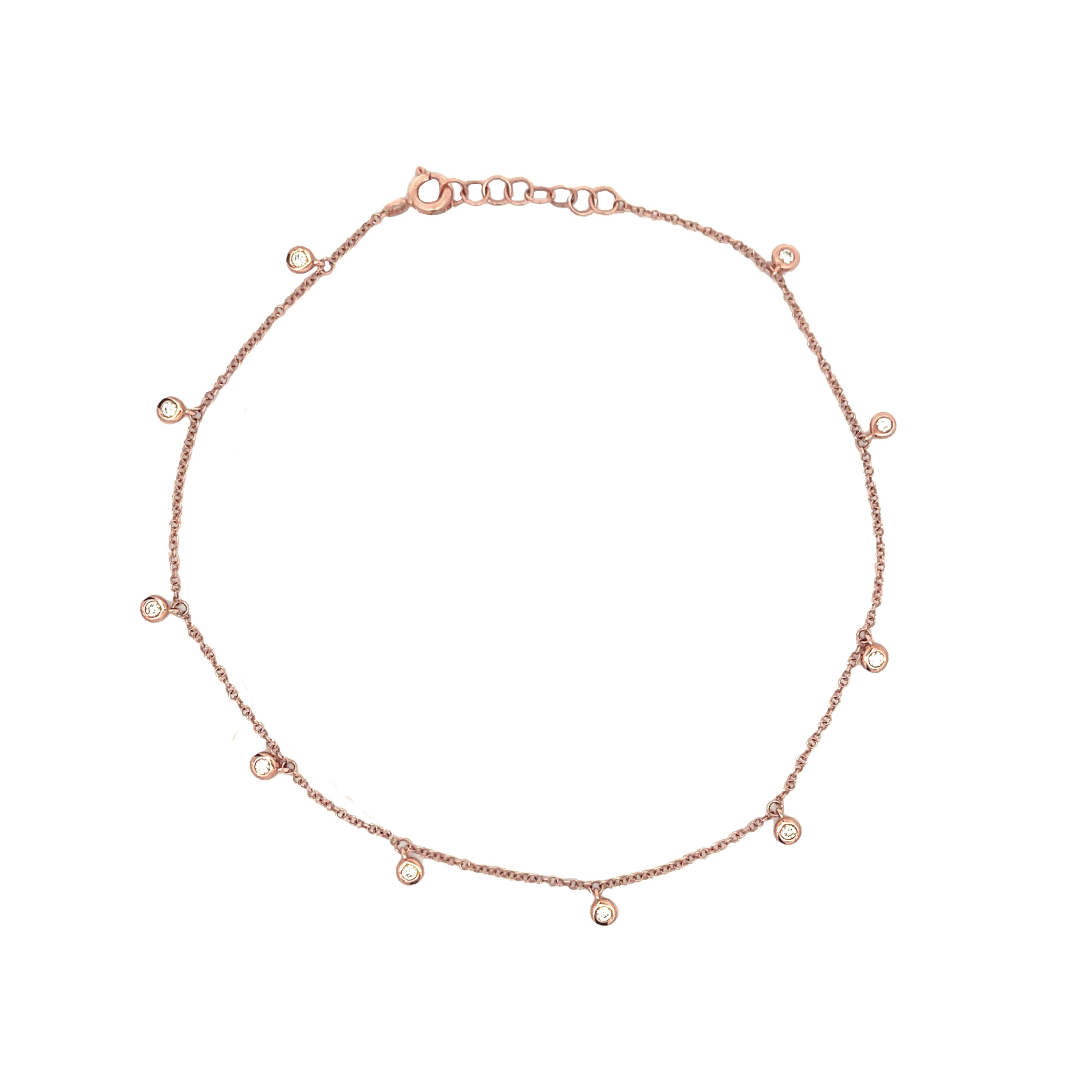 Diamond Bezel Dangle Anklet  14K Rose Gold 0.16 Diamond Carat Weight Bezel: 3MM Diameter 9 Pieces Diamond Bezel