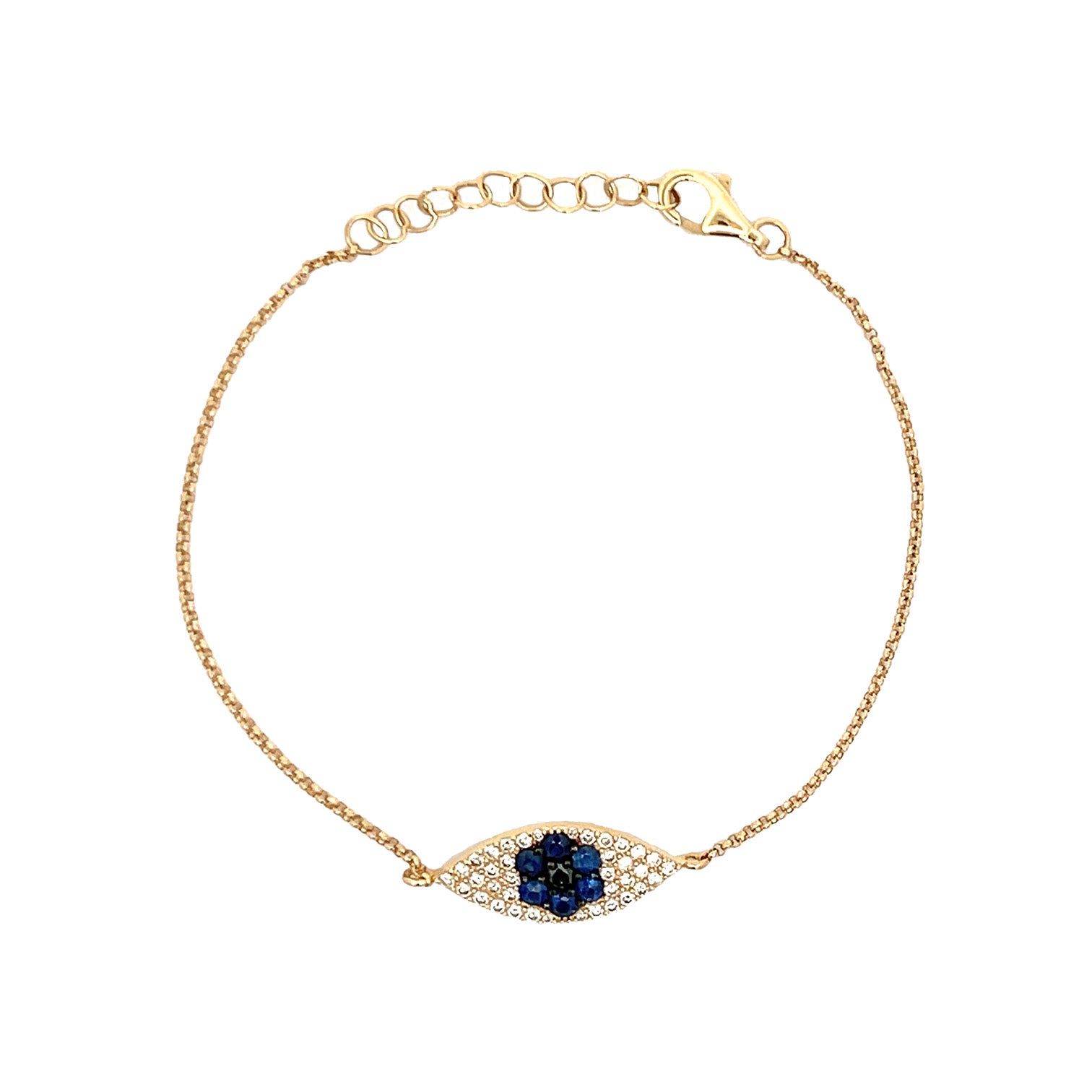 Blue Sapphire & Diamond Eye Bracelet  14K Yellow Gold 0.33 Blue Sapphire Carat Weight 0.77 Black & White Diamond Carat Weight Eye: 0.25" Long X 0.66" Wide 6-7" Adjustable Length