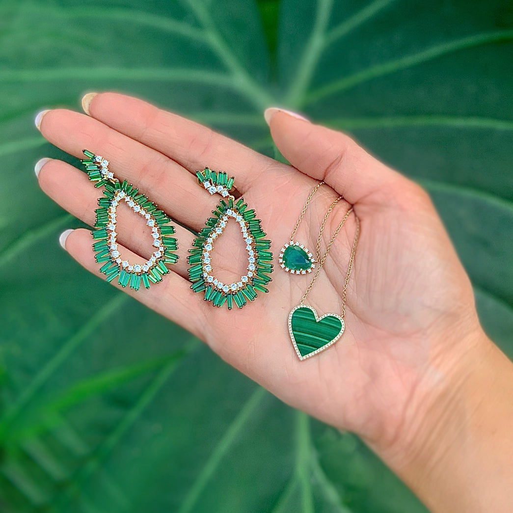 Faux Emerald Baguette & Pave CZ Teardrop Pierced Earrings