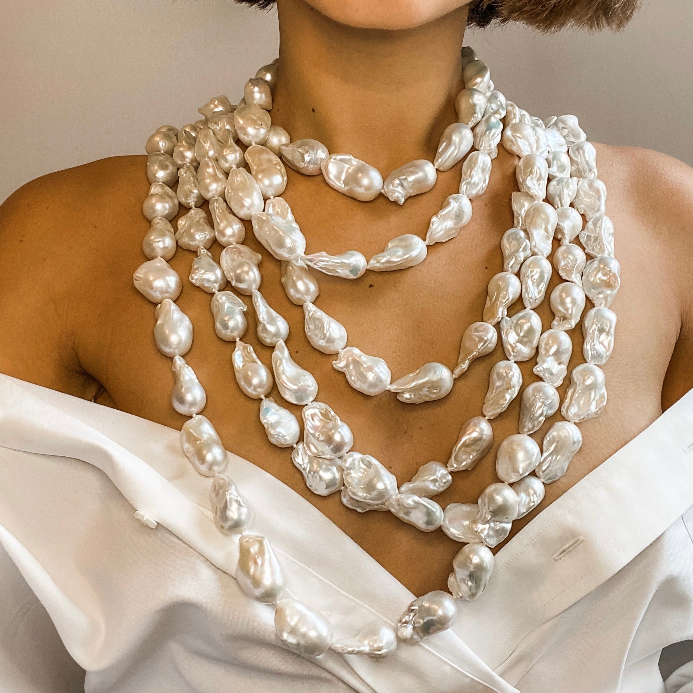 White Baroque Pearl Necklace  Clasp: Yellow Gold Plated Over Silver