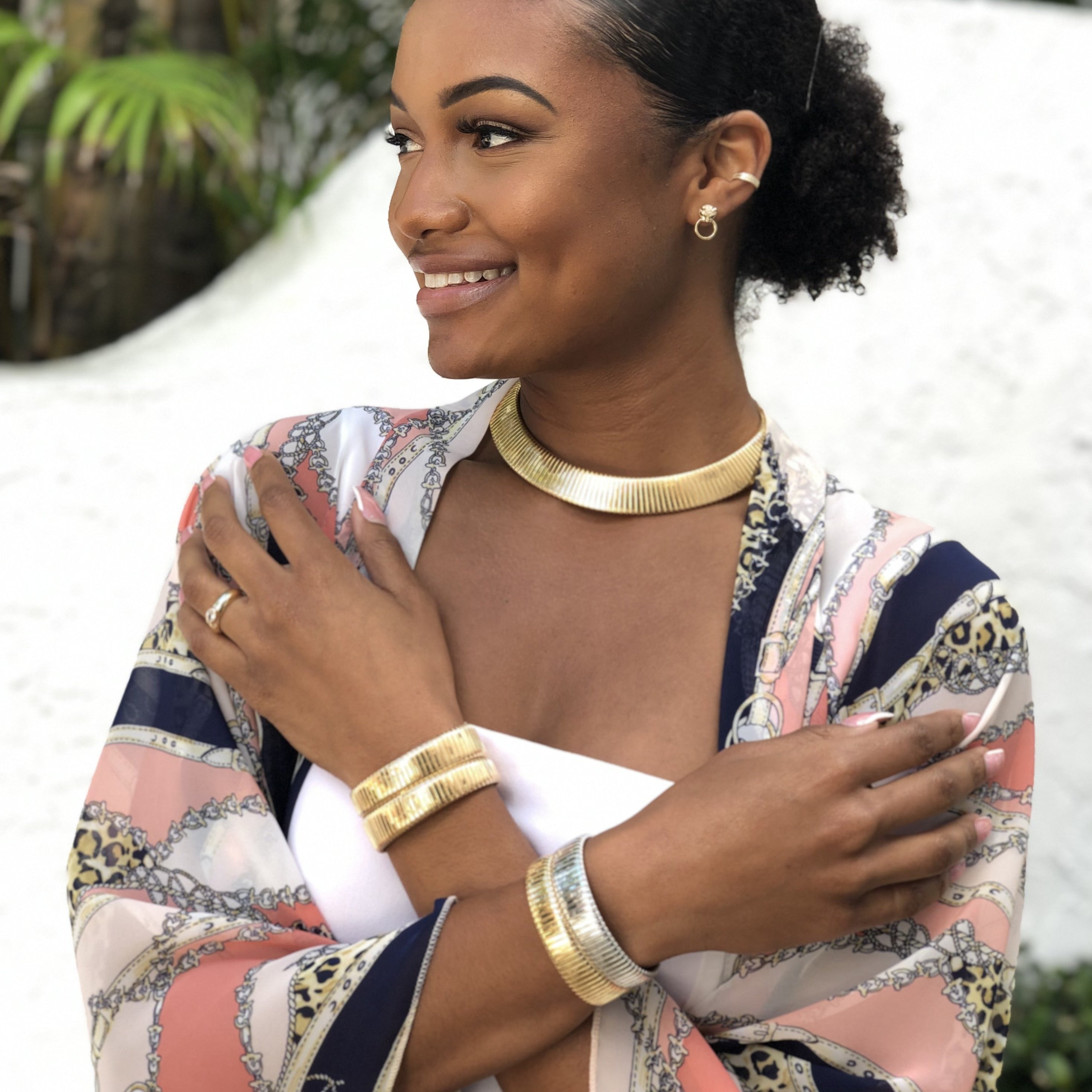 Double Row Wide Flat Flex Cuff Bracelet   Yellow Gold Plated Over Silver Oval Shape: 2.28” X 1.76” 1.16” Width 0.50-0.75” Flexible Opening