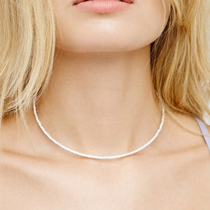 Woman wearing White Faux Diamonds Flexible Choker Necklace   • White Gold Plated