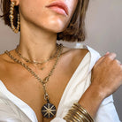 Starburst CZ Disc Two Tone Charm Necklace  Matte Yellow & Oxidized Gold Plated Chain: 36" Long Pendant: 1.5" Diameter