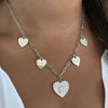 Multi Heart Disc & CZ Heart Textured Charm Chain Necklace  White Gold Plated 16-18" Adjustable Chain