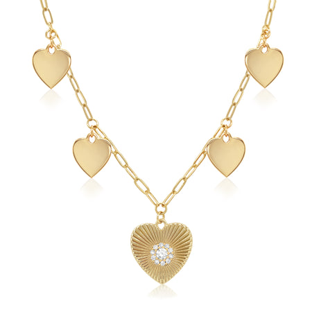 Multi Heart Disc & CZ Heart Textured Charm Chain Necklace  Yellow Gold Plated 16-18" Adjustable Chain view 1