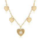 Multi Heart Disc & CZ Heart Textured Charm Chain Necklace  Yellow Gold Plated 16-18" Adjustable Chain