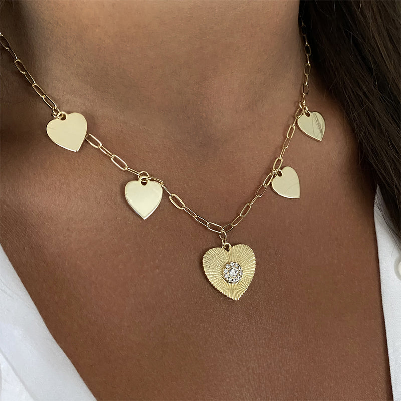 Multi Heart Disc & CZ Heart Textured Charm Chain Necklace  Yellow Gold Plated 16-18" Adjustable Chain