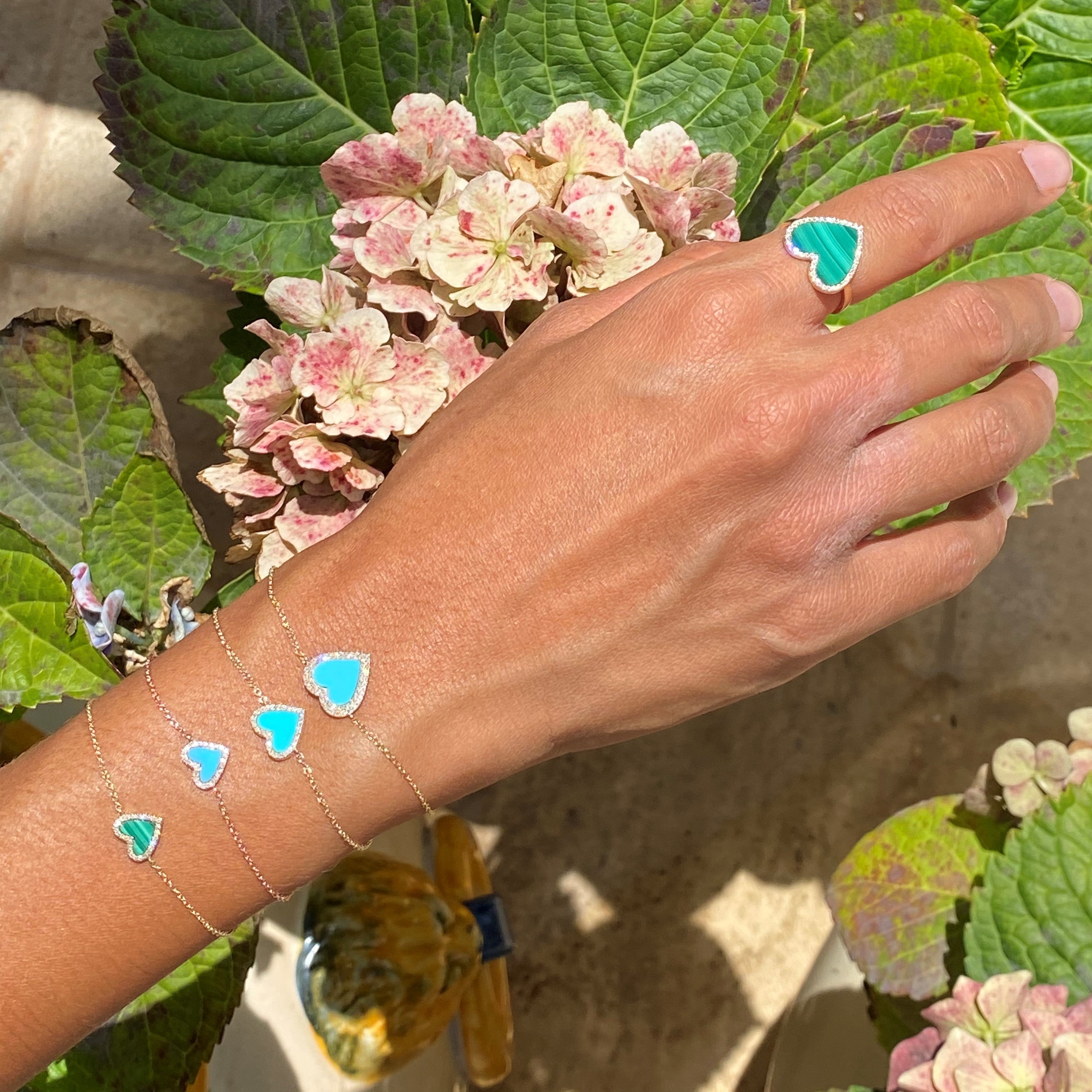 Pave Diamond & Turquoise Heart Chain Bracelet  14K Rose Gold 0.06 Diamond Carat Weight 0.13 Turquoise Carat Wight Heart: 0.38" Width Chain: 6-7" Length