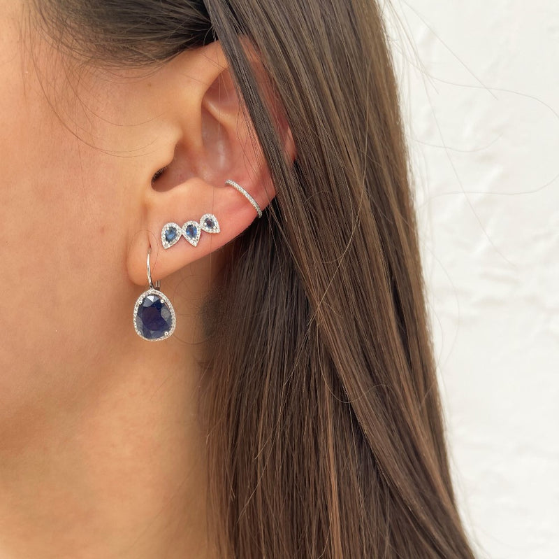 Sapphire & Diamond earrings worn with matching crawlers and pave diamond ear cuff