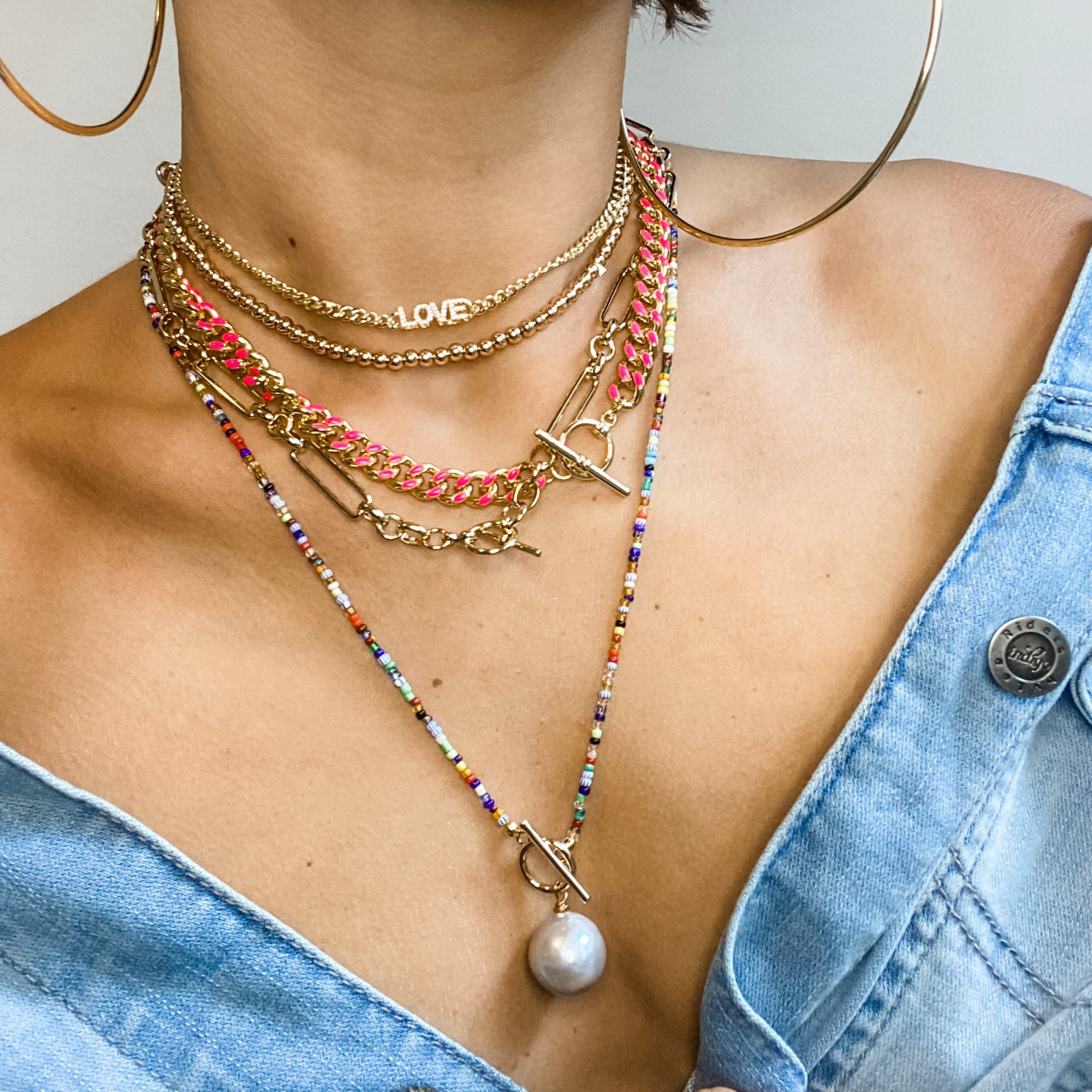 Multicolor Bead & Grey Pearl Toggle Necklace  18-20" Length Pearl color may slightly vary