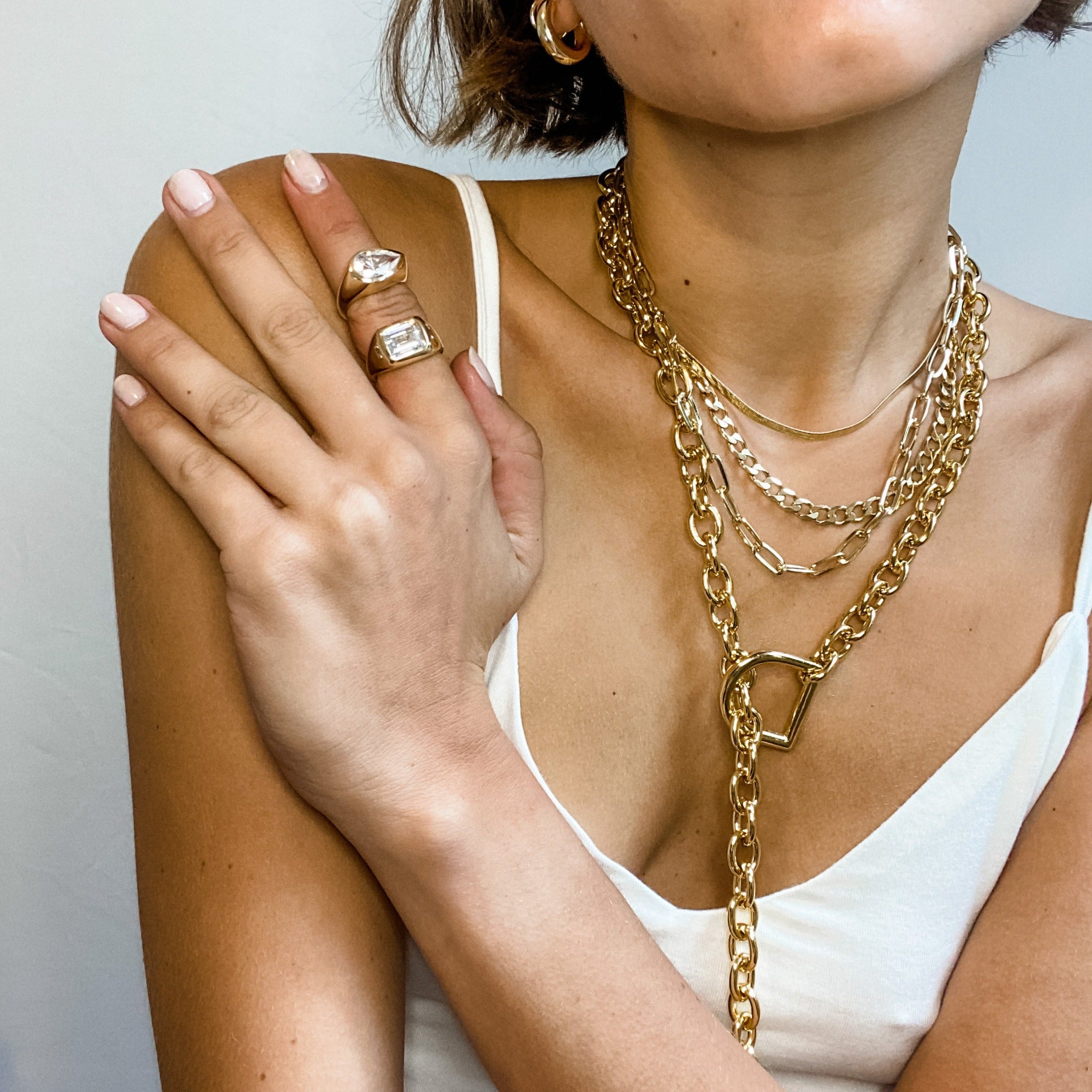 Gold Plated Toggle Lariat Chain Necklace  Yellow Gold Plated 23" Long Ring: 1.14" Diameter Chain: 0.42" Thick
