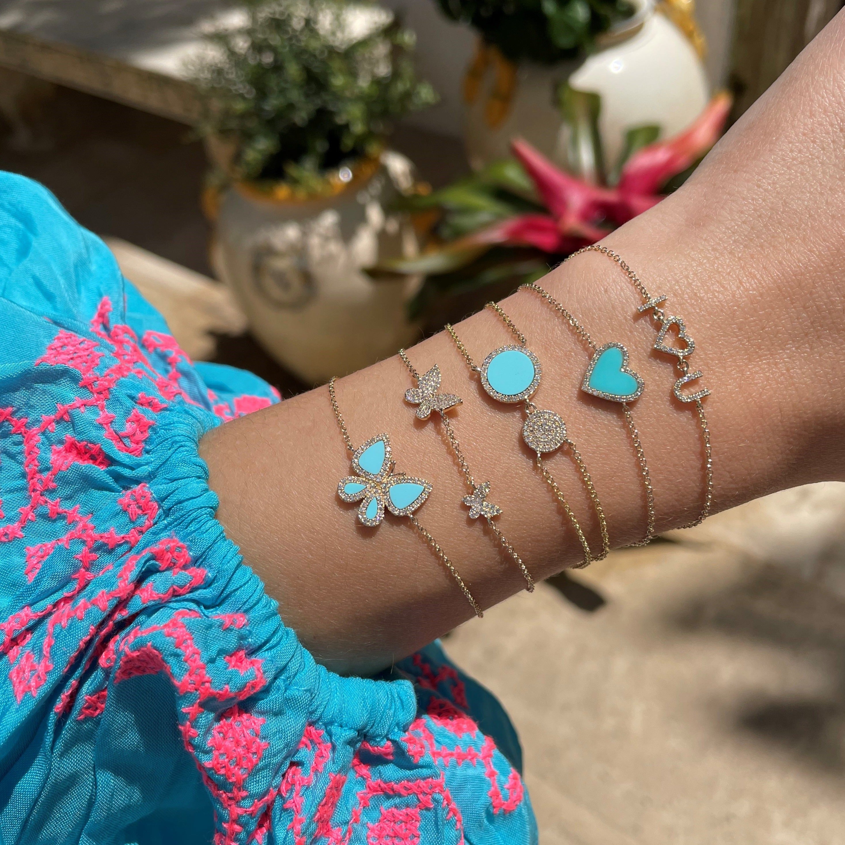 Yellow gold delicate chain link bracelets with turquoise