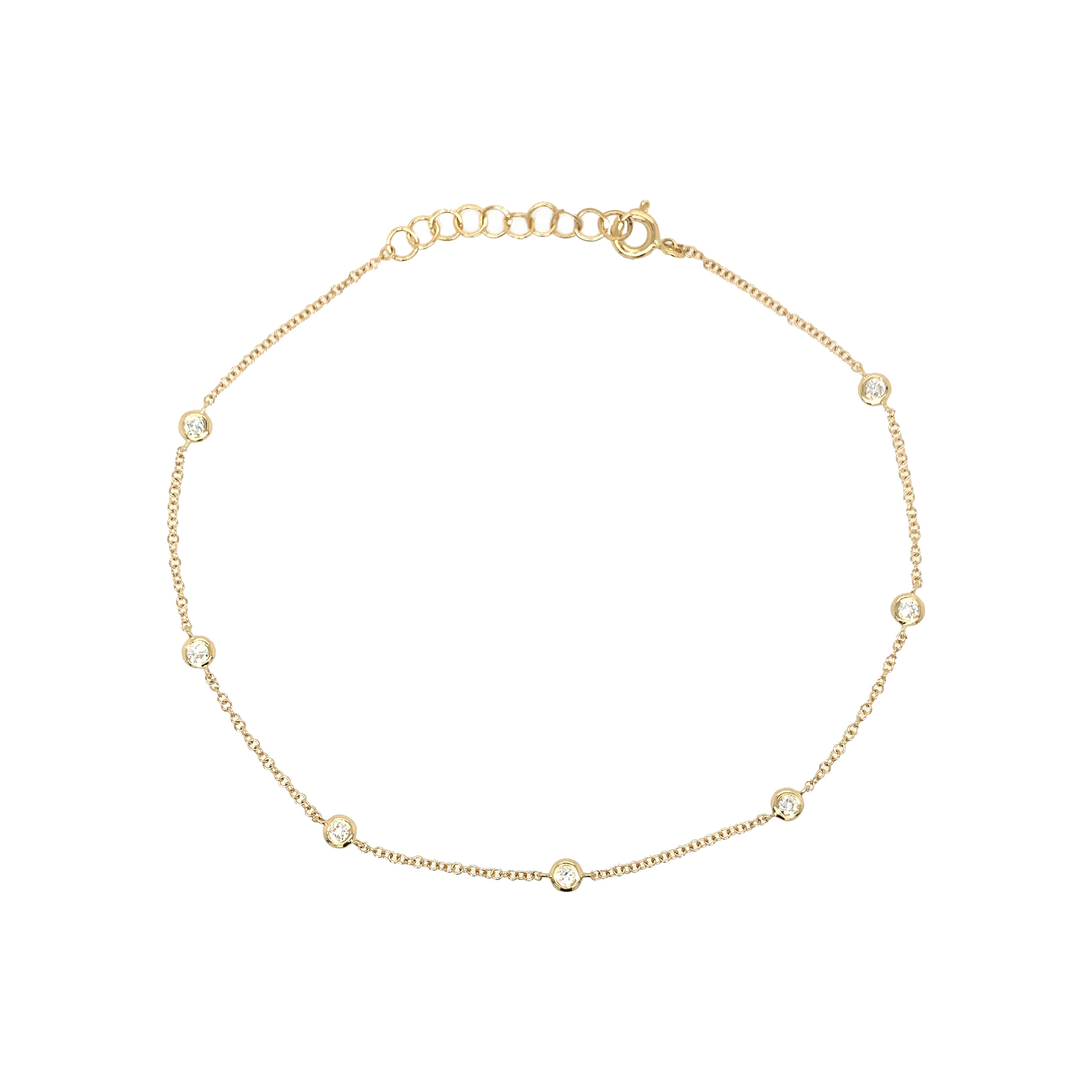 Yellow Gold Bezel Set Diamond Station Anklet  14K Yellow Gold 0.20 Diamond Carat Weight Bezel: 0.13" Diameter Chain: 8.5" Length