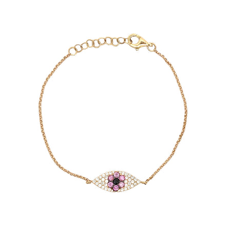 Pink Sapphire & Diamond Evil Eye Bracelet  14K Yellow Gold 0.37 Pink Sapphire Carat Weight 0.26 Diamond Carat Weight Eye: 0.25" Long X 0.66" Wide 6-7" Adjustable Length