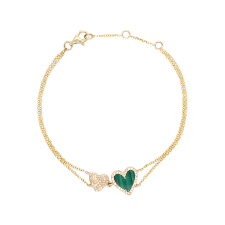 Malachite & Diamond Hearts Bracelet  14K Yellow Gold 0.80 Malachite Carat Weight 0.16 Diamond Carat Weight Hearts: 0.75" Diameter Chain: 7" Length view 1