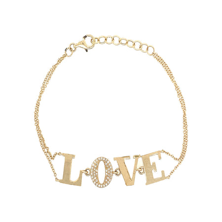 Yellow Gold Pave Diamond O Love Double Chain Bracelet  14K Yellow Gold 0.15 Diamond Carat Weight Love: 1.65" Long X 0.40" Wide Chain: 6-7" Long