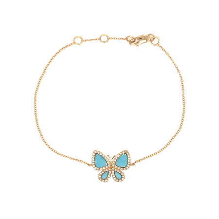 Turquoise & Diamond Butterfly Bracelet  14K Yellow Gold 0.64 Turquoise Carat Weight 0.16 Diamond Carat Weight Butterfly: 0.50" Length X 0.55" Width Chain: 6-7" Long